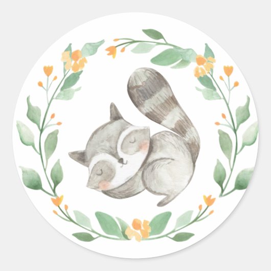 Sticker Rond Baby shower Raccoon couché bébé couché à l'aquarel (Devant)