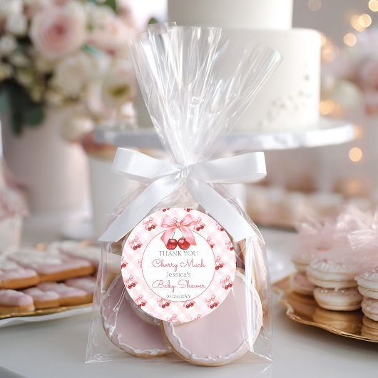 Sticker Rond Baby Shower Rose Cerise Ruban Rose