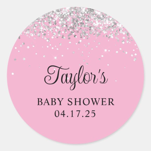 Sticker Rond Baby shower rose clair Parties scintillant argent (Devant)