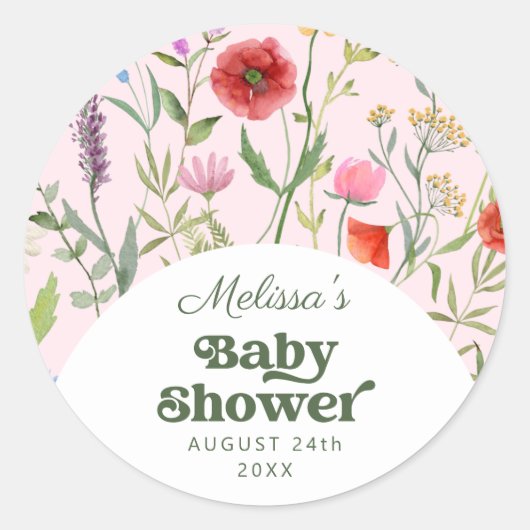 Sticker Rond Baby shower rose Fleur sauvage aquarelle (Devant)