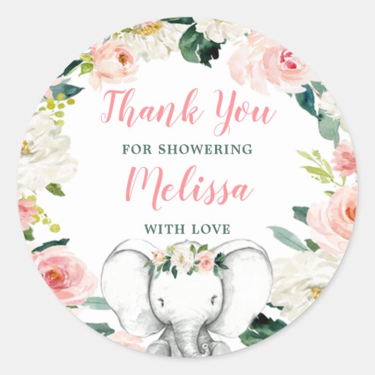 Sticker Rond Baby shower rose Floral Eléphant fille Merci (Devant)