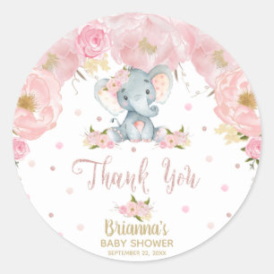 Sticker Rond Baby shower rose Floral Eléphant Merci