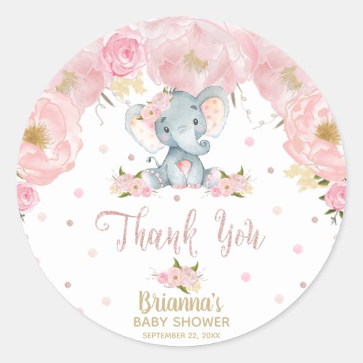 Sticker Rond Baby shower rose Floral Eléphant Merci (Devant)