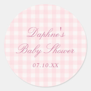 Sticker Rond Baby Shower Rose Gingham Élégant