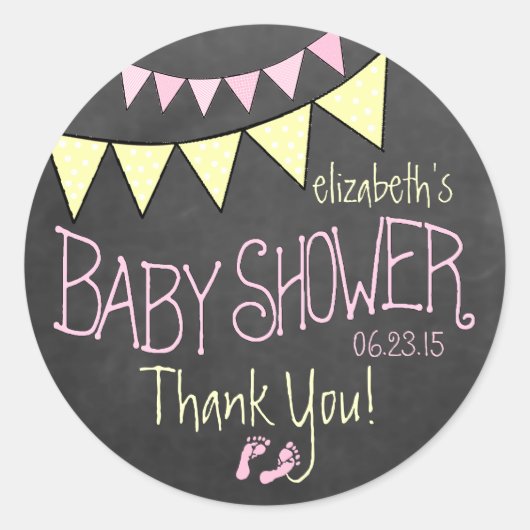 Sticker Rond Baby shower rose Jaune Chalkboard Look (Devant)