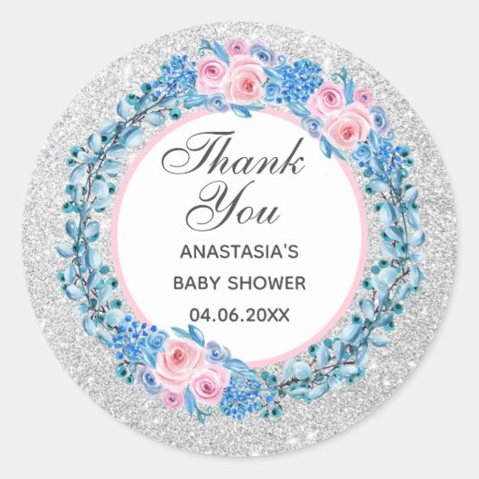 Sticker Rond Baby shower Rose Merci rose argent (Devant)
