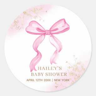 Sticker Rond Baby shower rose moderne élégant aquarelle Bow