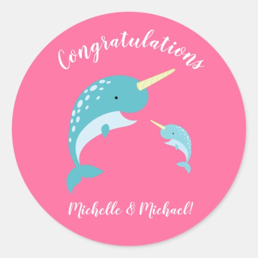 Sticker Rond Baby shower rose Narwhal (Devant)