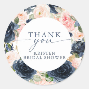 Sticker Rond Baby Shower Rose Navy Floral Border Mariage