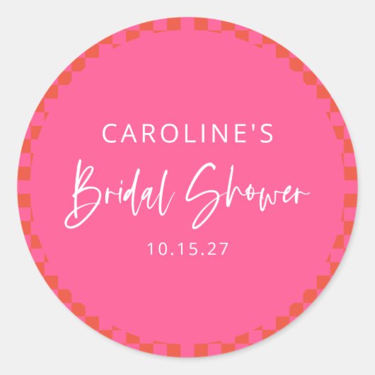 Sticker Rond Baby Shower Rose Orange Rétro Damier Mariée (Devant)