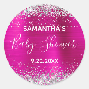 Sticker Rond Baby Shower Rose Pailleté Chaud Rose