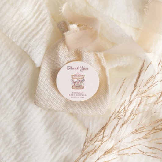 Sticker Rond Baby Shower Rose Pâle Fille Carrousel Mignon