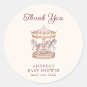 Sticker Rond Baby Shower Rose Pâle Fille Carrousel Mignon (Devant)