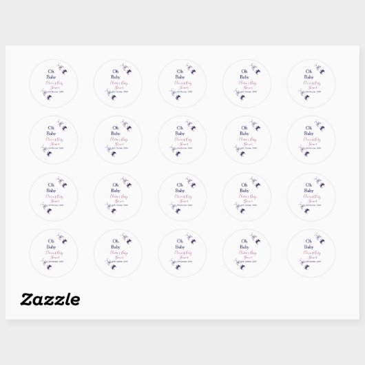 Sticker Rond Baby shower rose papillon violet oh bébé moderne (Feuille)