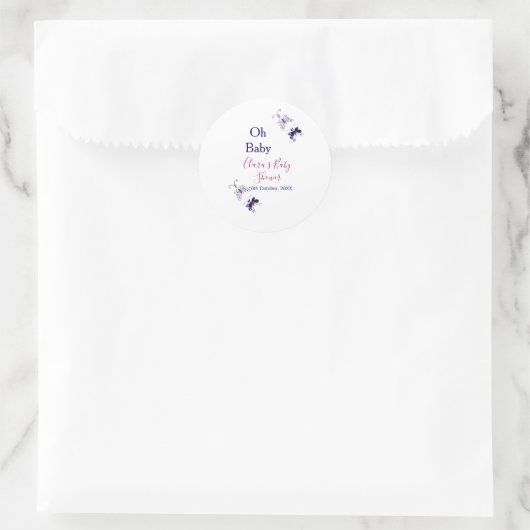Sticker Rond Baby shower rose papillon violet oh bébé moderne (Sac)