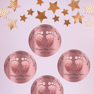 Sticker Rond Baby shower rose Parties scintillant Pieds Favoris