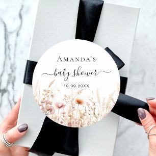 Sticker Rond baby shower rose pêche fleur sauvage