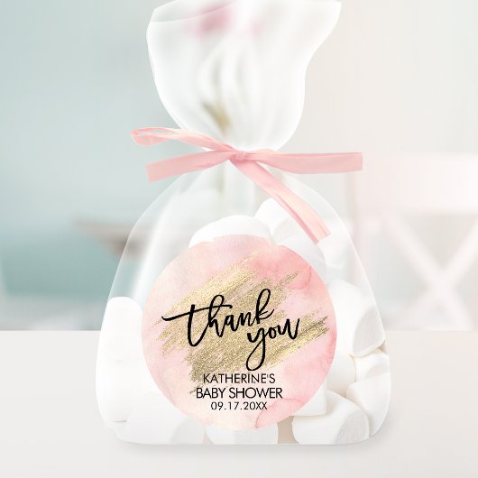 Sticker Rond Baby Shower Rose Pinceau à l'Aquarelle Dorée