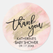 Sticker Rond Baby Shower Rose Pinceau à l'Aquarelle Dorée (Devant)