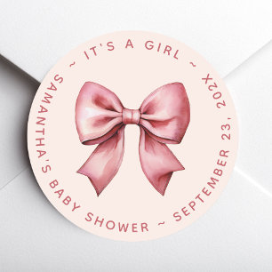 Sticker Rond Baby Shower Ruban Rose Pâle & Rouge C'est une Fill