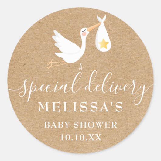 Sticker Rond Baby shower Rustic Kraft Special Delivery Stork (Devant)