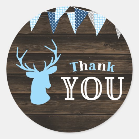 Sticker Rond Baby shower Rustique Bois Bleu Cerf Bois Merci (Devant)