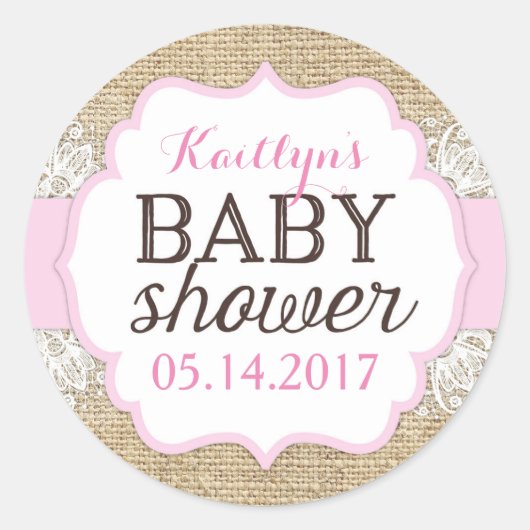 Sticker Rond Baby shower Rustique Burlap dentelle rose fille (Devant)