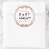 Sticker Rond Baby shower Rustique Burlap dentelle rose fille (Sac)