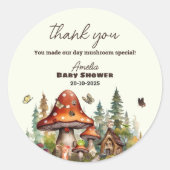 Sticker Rond Baby shower Rustique de champignons de bois Merci (Devant)