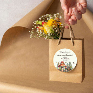 Sticker Rond Baby shower Rustique de champignons de bois Merci