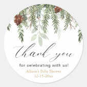 Sticker Rond Baby shower rustique de pins d'hiver merci (Devant)