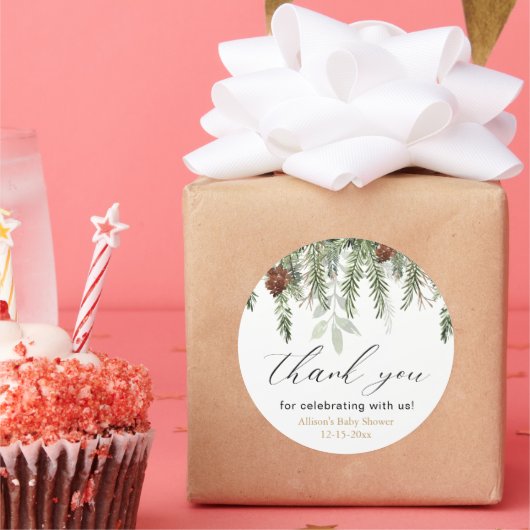 Sticker Rond Baby shower rustique de pins d'hiver merci (Fête)