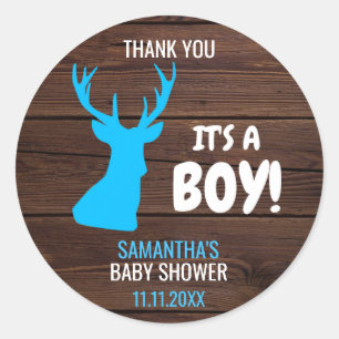 Sticker Rond Baby shower rustique de thème de garçon de cerfs