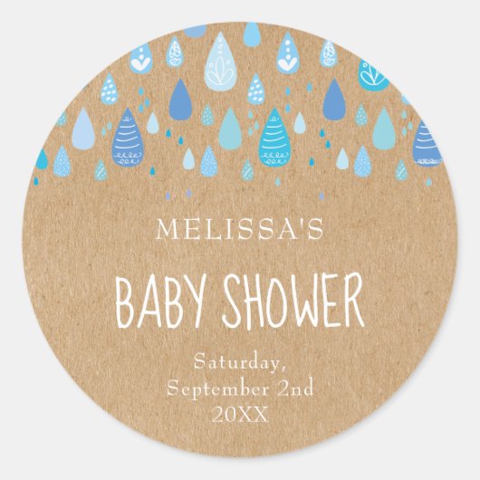 Sticker Rond Baby shower Rustique kraft bleu bébé gouttes (Devant)