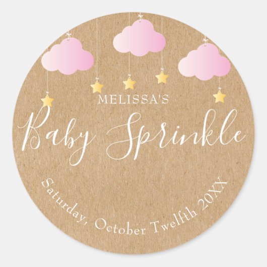 Sticker Rond Baby shower rustique kraft scintillant rose (Devant)