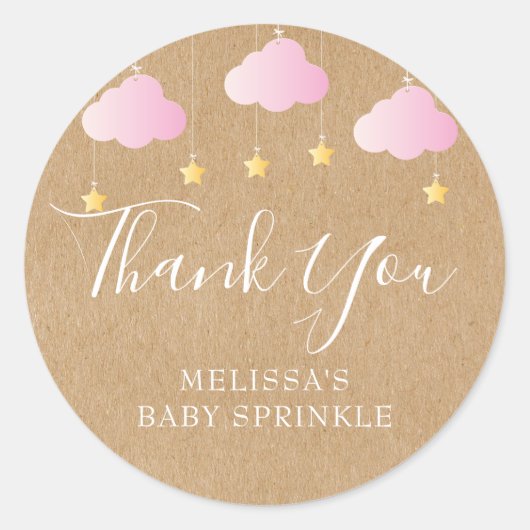 Sticker Rond Baby shower rustique kraft scintillant rose (Devant)