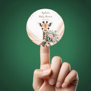 Sticker Rond Baby shower Safari Giraffe Rose Floral Favoriser S