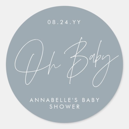 Sticker Rond Baby shower script moderne bleu poussiéreux élégan (Devant)