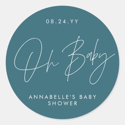 Sticker Rond Baby shower script moderne bleu turquoise élégant (Devant)