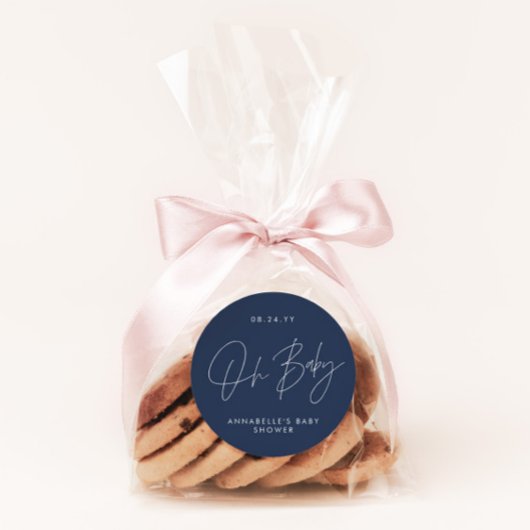 Sticker Rond Baby shower script moderne marine bleu élégant