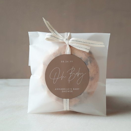 Sticker Rond Baby shower script moderne marron naturel élégant