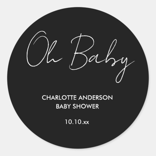 Sticker Rond Baby shower script moderne noir et blanc élégant (Devant)
