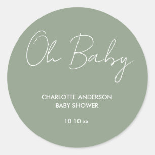 Sticker Rond Baby shower script moderne sauge vert élégant