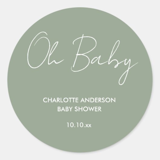 Sticker Rond Baby shower script moderne sauge vert élégant (Devant)