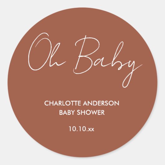 Sticker Rond Baby shower script moderne terre cuite marron élég (Devant)
