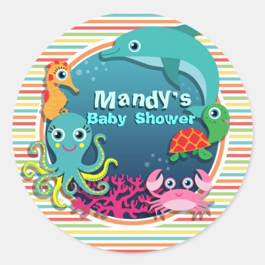Sticker Rond Baby shower Sea Life, Bright Rainbow Stripes (Devant)