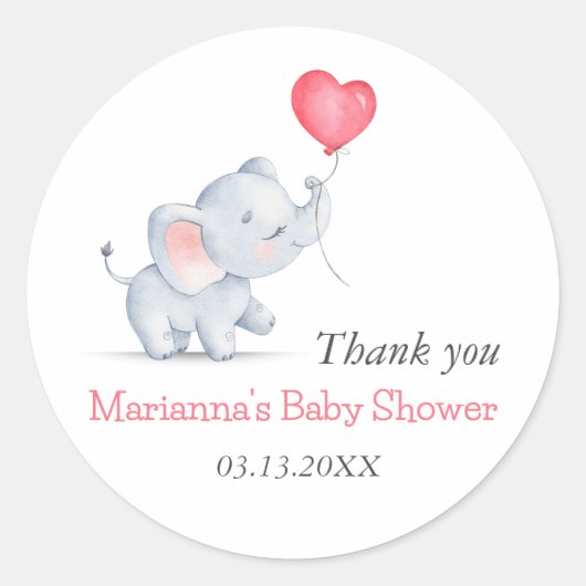 Sticker Rond Baby shower simple éléphant et ballon cardiaque (Devant)
