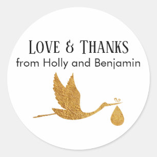 Sticker Rond Baby shower Simple Faux Gold Stork Love & Merci