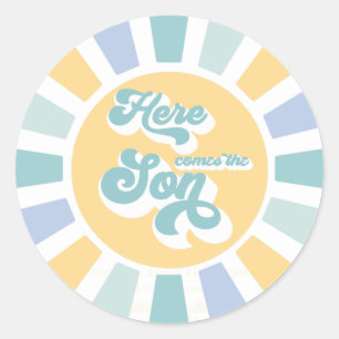 Sticker Rond Baby shower Soleil Venez Ici Le Son Jaune Rayons