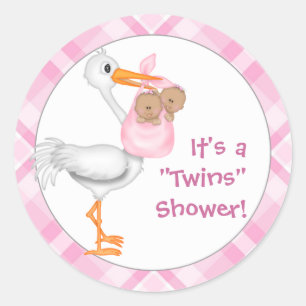 Sticker Rond Baby shower Stork & Twin Girls (peau foncée)